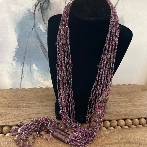 Jewelry - Beaded long multi strand necklace glass purple